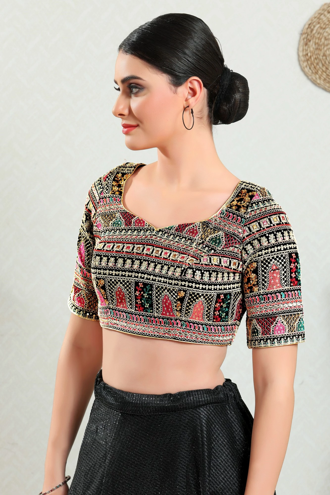 Designer Readymade Blouse, Brocade - Black - Back Open-2.webp